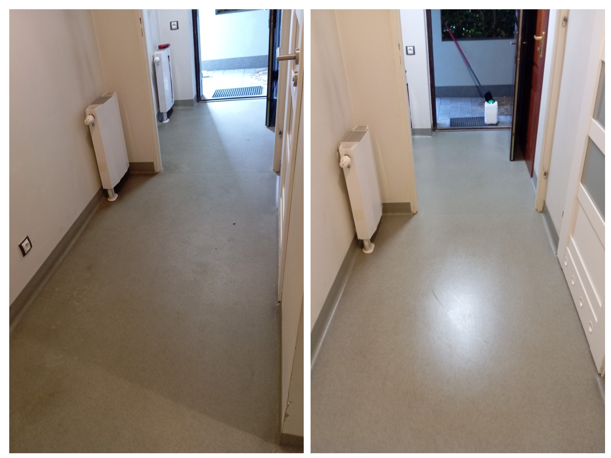 Dwa ujęcia tego samego korytarza z szarą podłogą, białymi ścianami i grzejnikami. Na drugim ujęciu widoczny mop i wiadro w przejściu na zewnątrz.