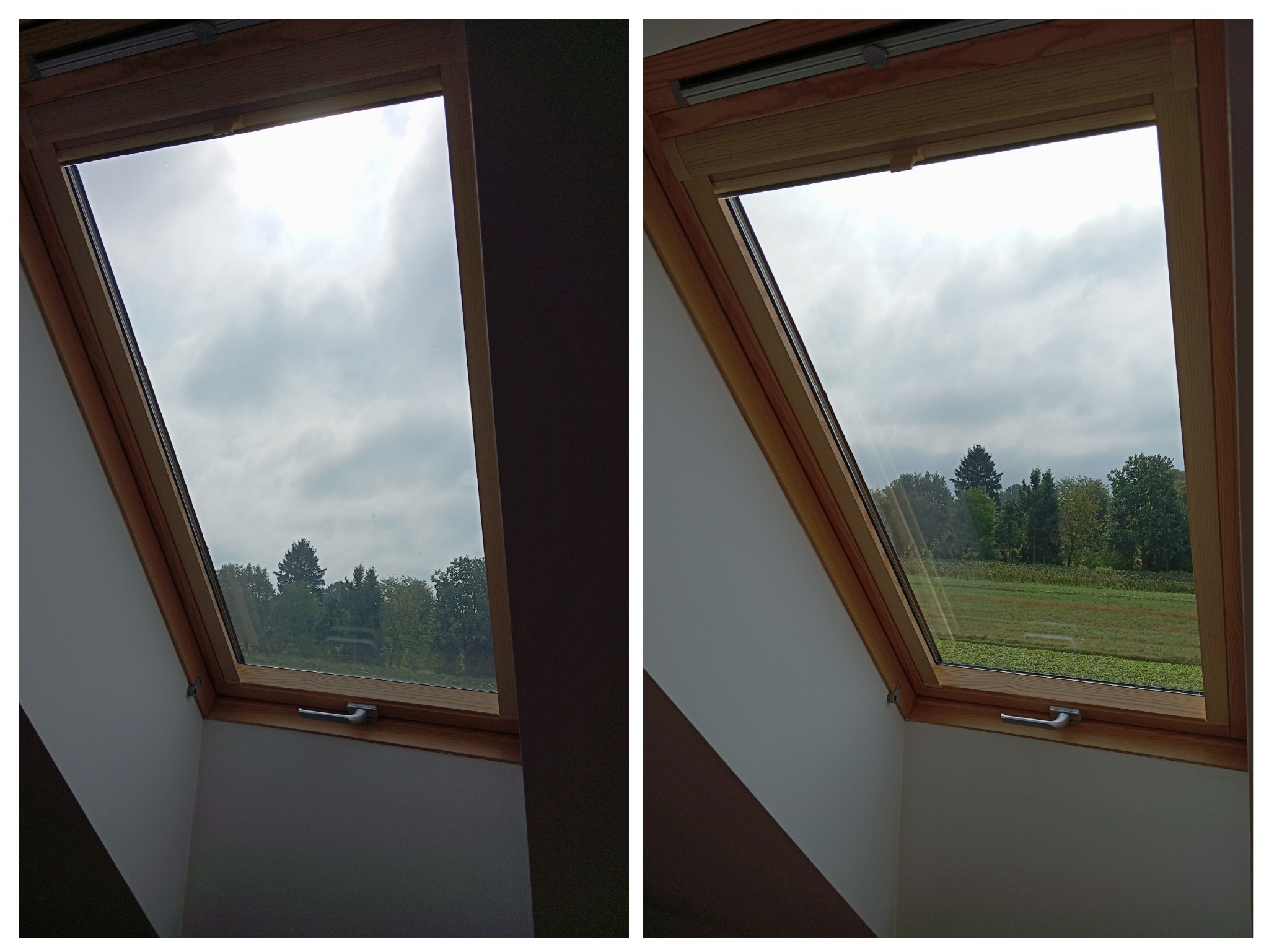 Okno dachowe z widokiem na pole i drzewa w pochmurny dzień, widoczne smugi na szybie świadczące o potrzebie umycia.