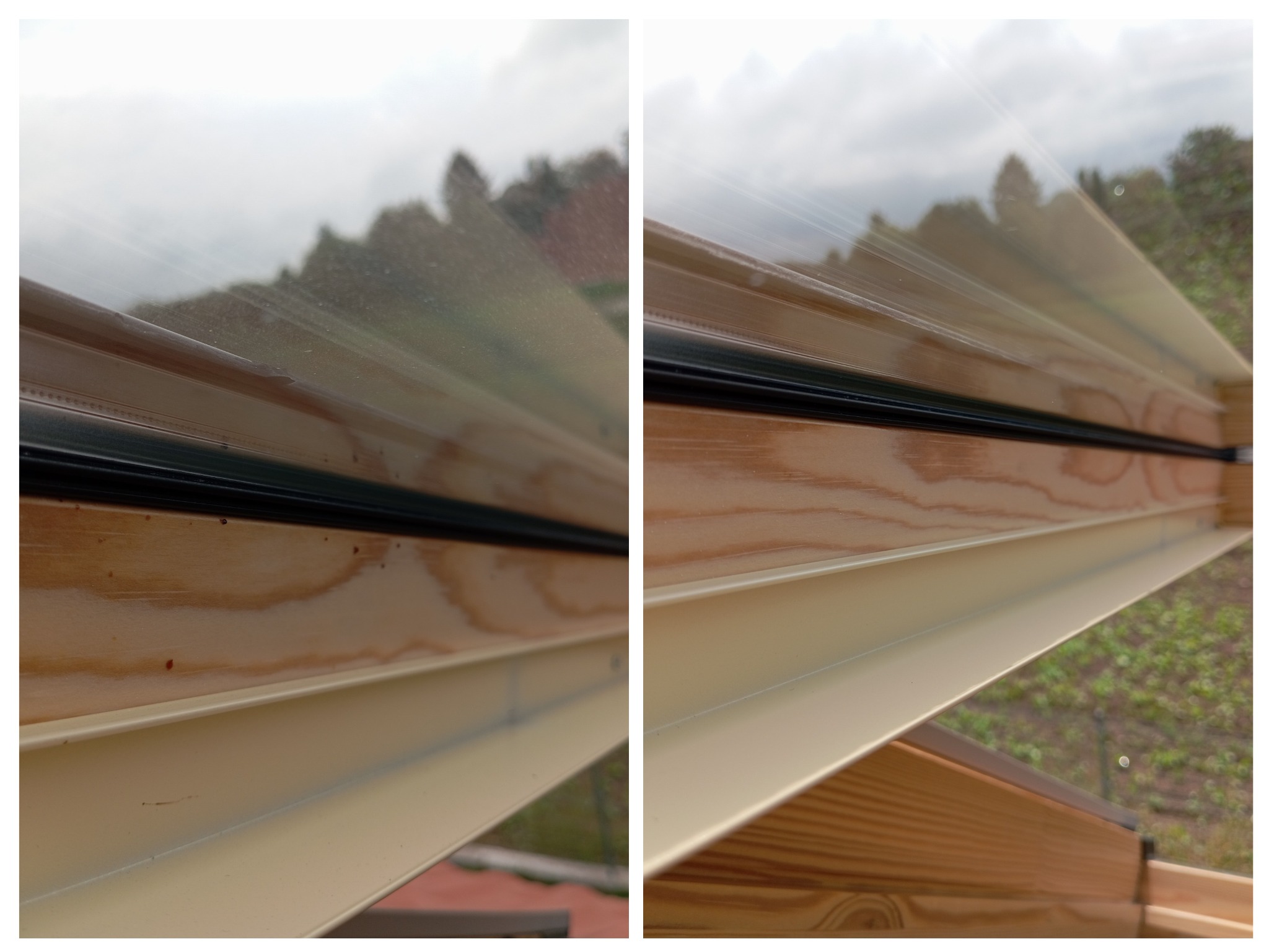 Porównanie: Zabrudzona szyba okna dachowego przed i po umyciu, widoczne różnice w przejrzystości i czystości powierzchni, drewniana rama okienna i otoczenie zewnętrzne w tle.