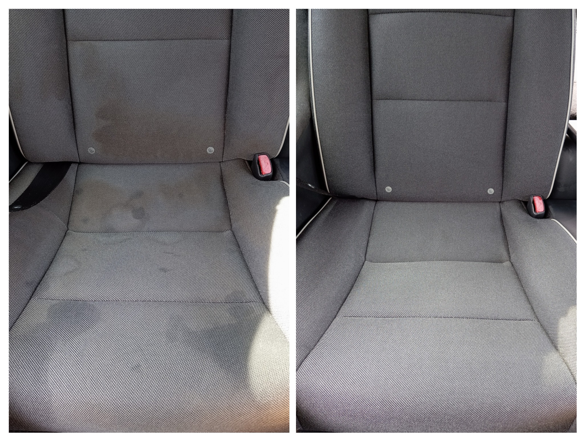 Porównanie fotela samochodowego przed i po czyszczeniu, widoczne plamy na lewym zdjęciu i czysta tapicerka na prawym.