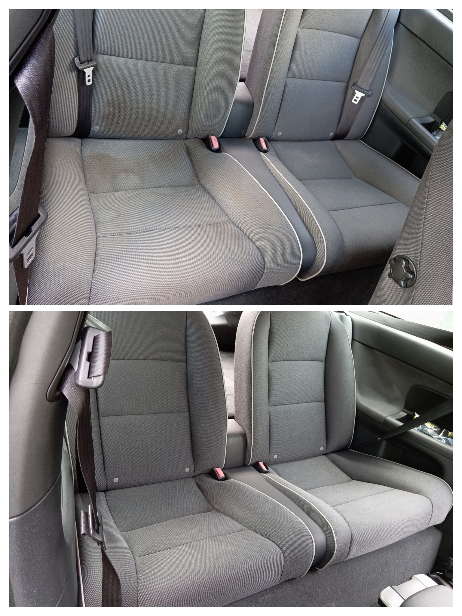 Szare tylne siedzenia samochodowe przed i po czyszczeniu. Zauważalna plama na lewym siedzeniu w górnej części zdjęcia, która została usunięta na dolnym zdjęciu.