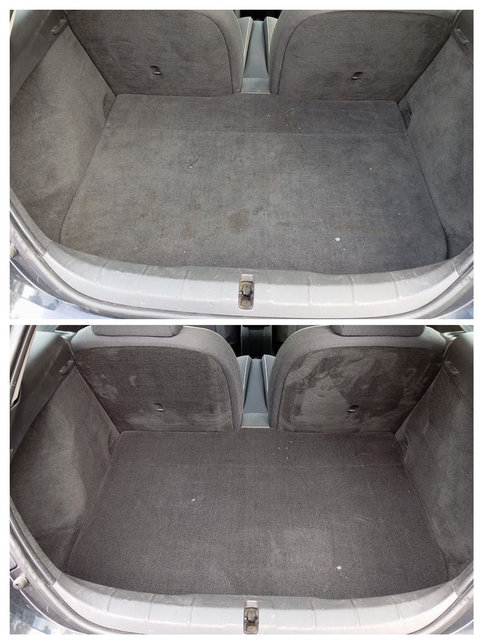 Porównanie bagażnika samochodu przed i po czyszczeniu tapicerki, widoczne różnice w odcieniu i usunięte plamy.