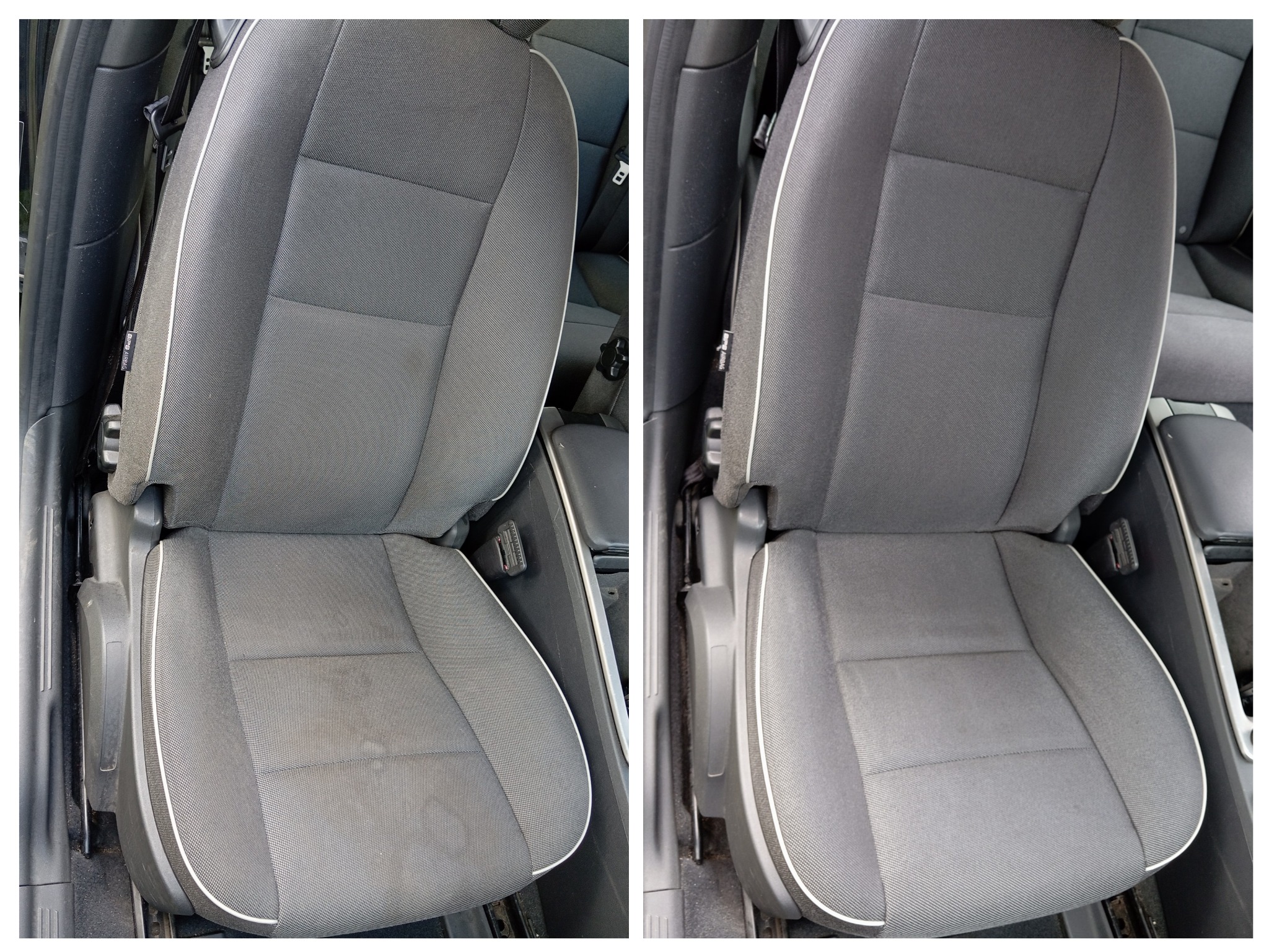 Porównanie fotela samochodowego przed i po czyszczeniu tapicerki, widoczna różnica w odświeżonym wyglądzie materiału.