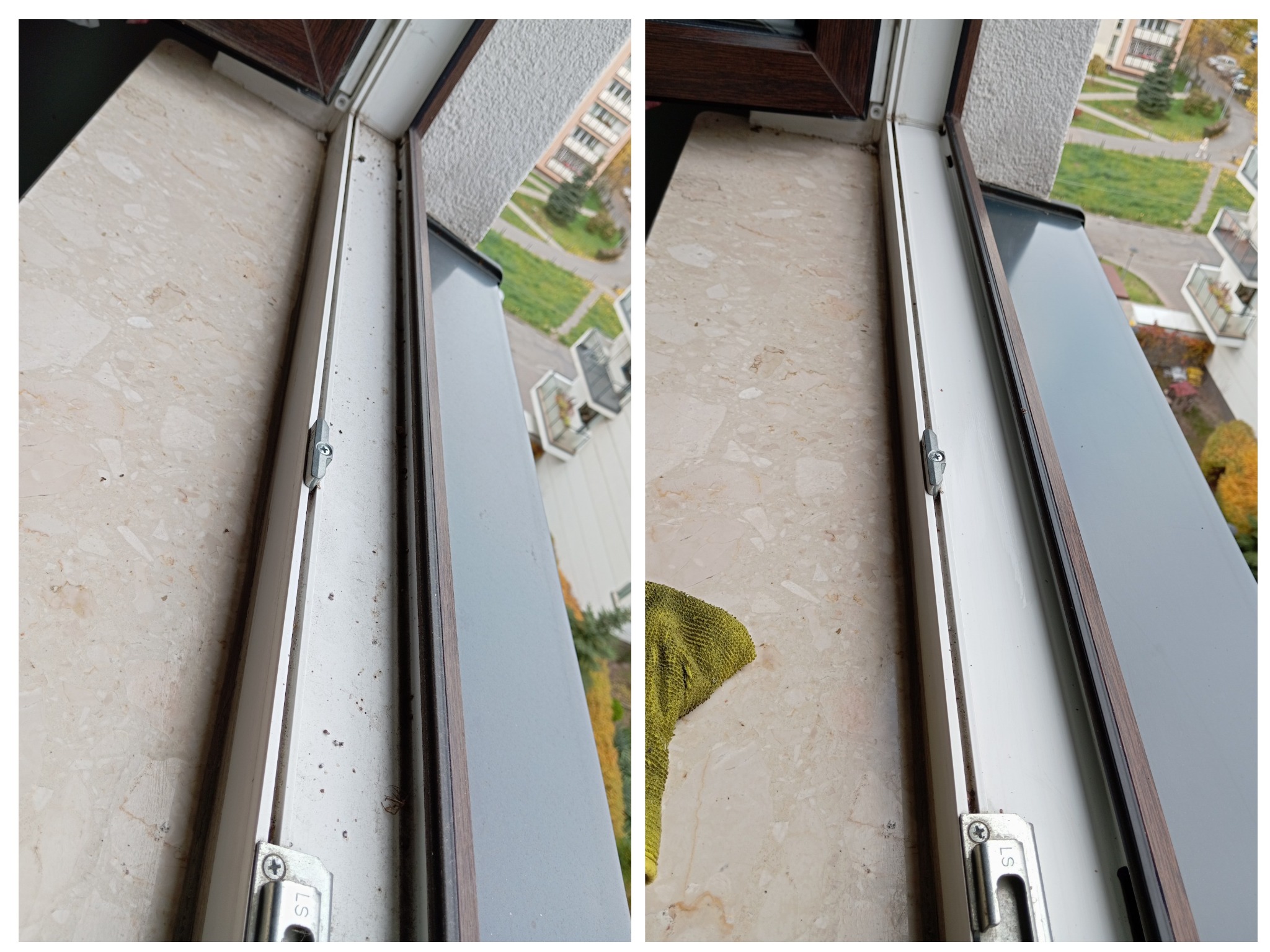 Porównanie stanu okna przed i po czyszczeniu, z widocznym brudem w rowkach i ramie okiennej po lewej stronie oraz czystą powierzchnią po prawej, z fragmentem zielonej ściereczki.