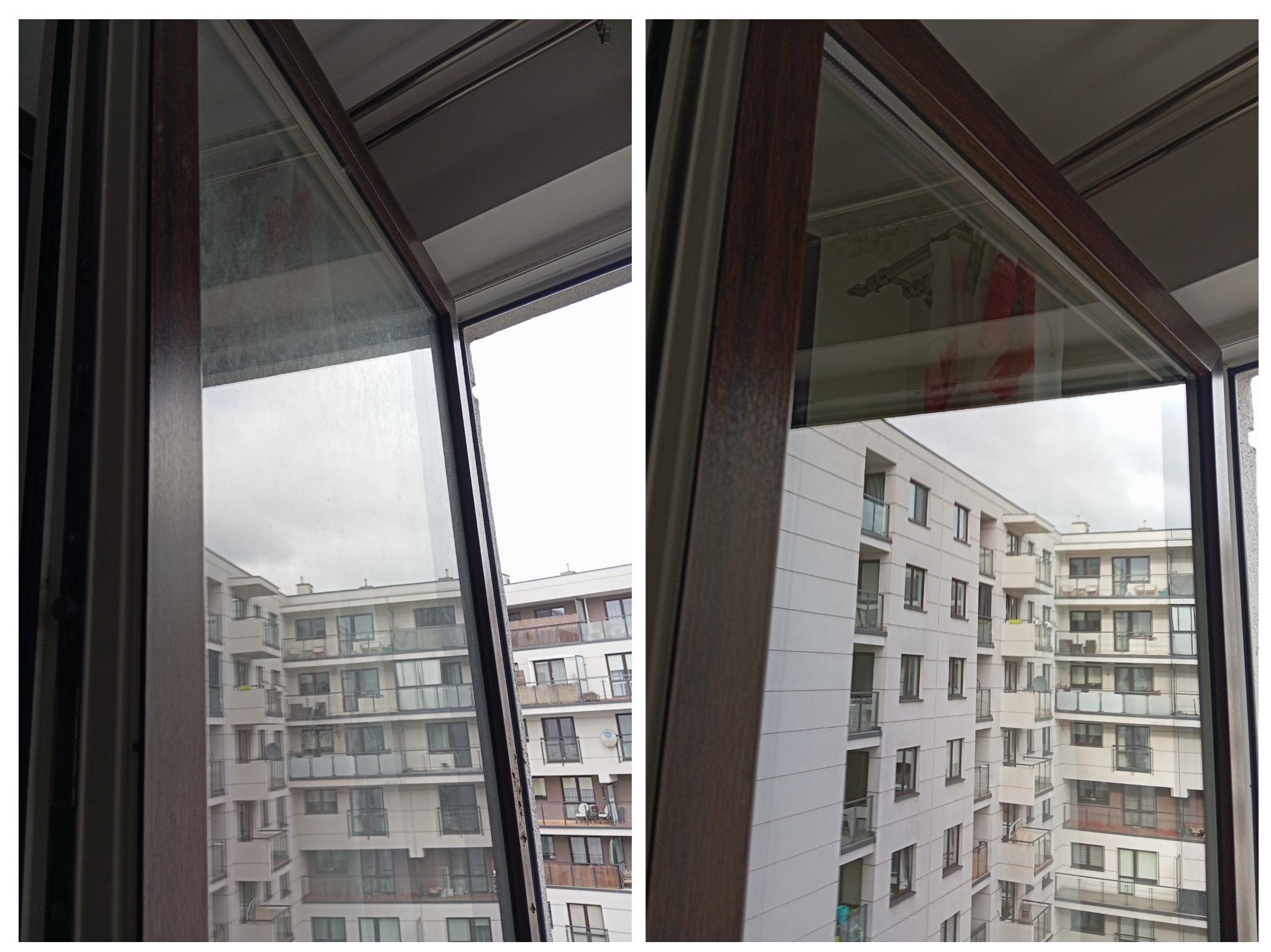 Porównanie okna przed i po umyciu, widoczne zabrudzenia na szybie po lewej stronie i czysta szyba po prawej, z widokiem na budynek mieszkalny z balkonami.