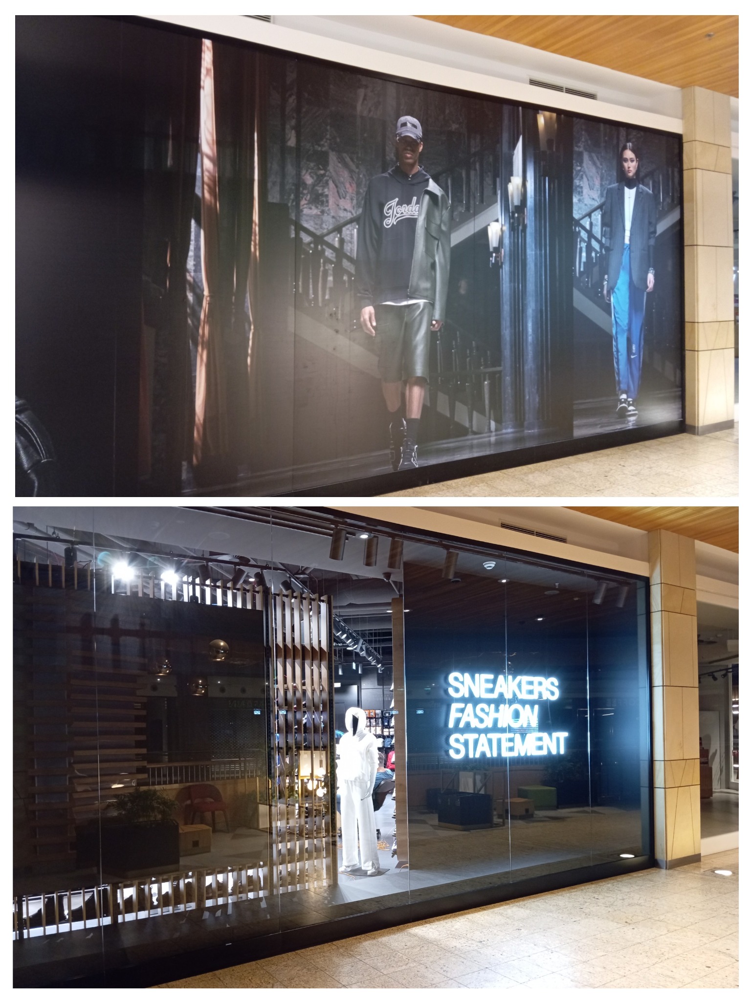 Witryna sklepowa z neonowym napisem 'SNEAKERS FASHION STATEMENT', za szybą widoczne schody, manekin w białym ubraniu i dekoracje.