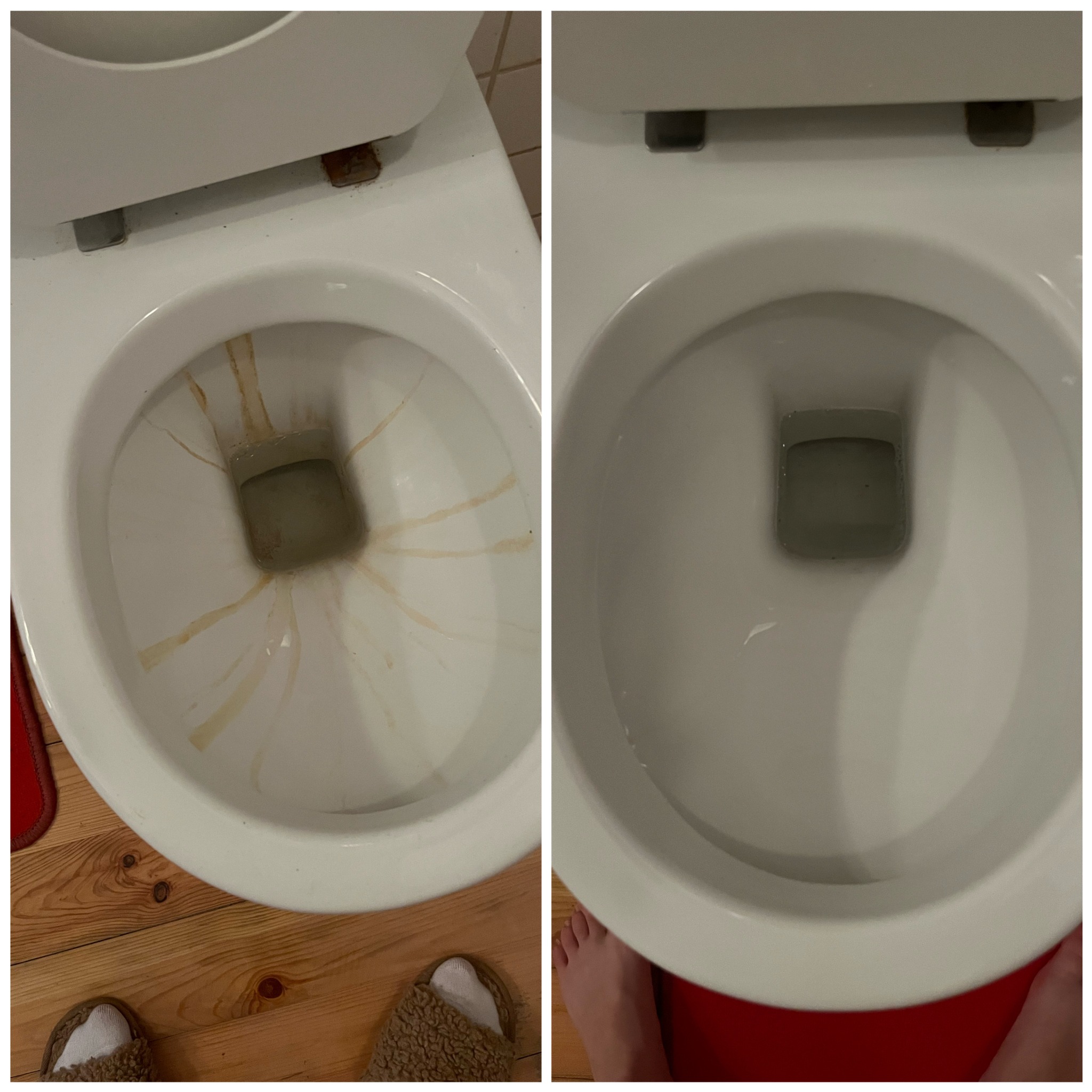 Porównanie muszli klozetowej przed i po czyszczeniu, widoczne osady i kamień usunięte, pokazujące efekt usługi.