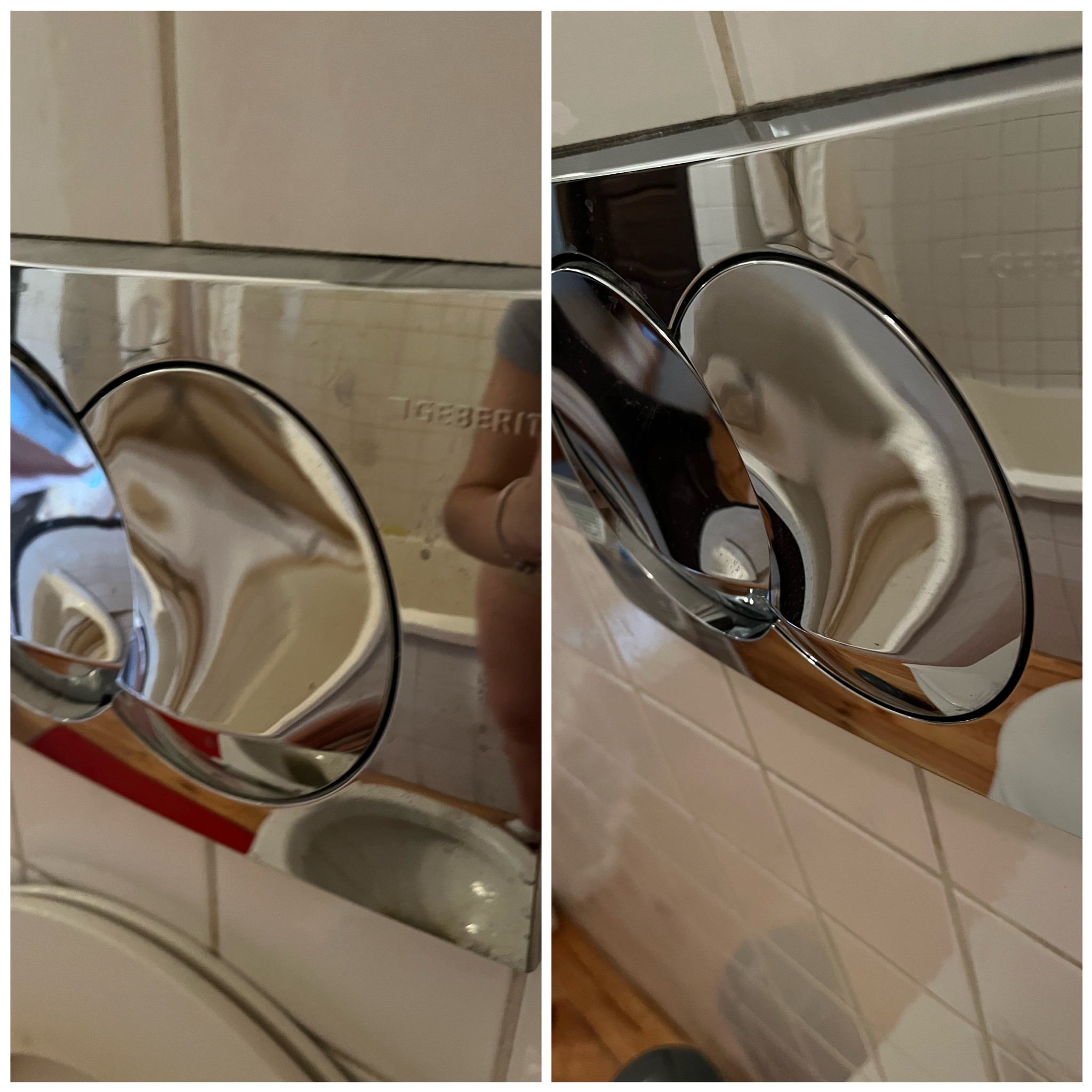 Błyszczący, chromowany przycisk spłuczki Geberit na tle beżowych płytek i widocznych śladów po czyszczeniu, z refleksami otoczenia.