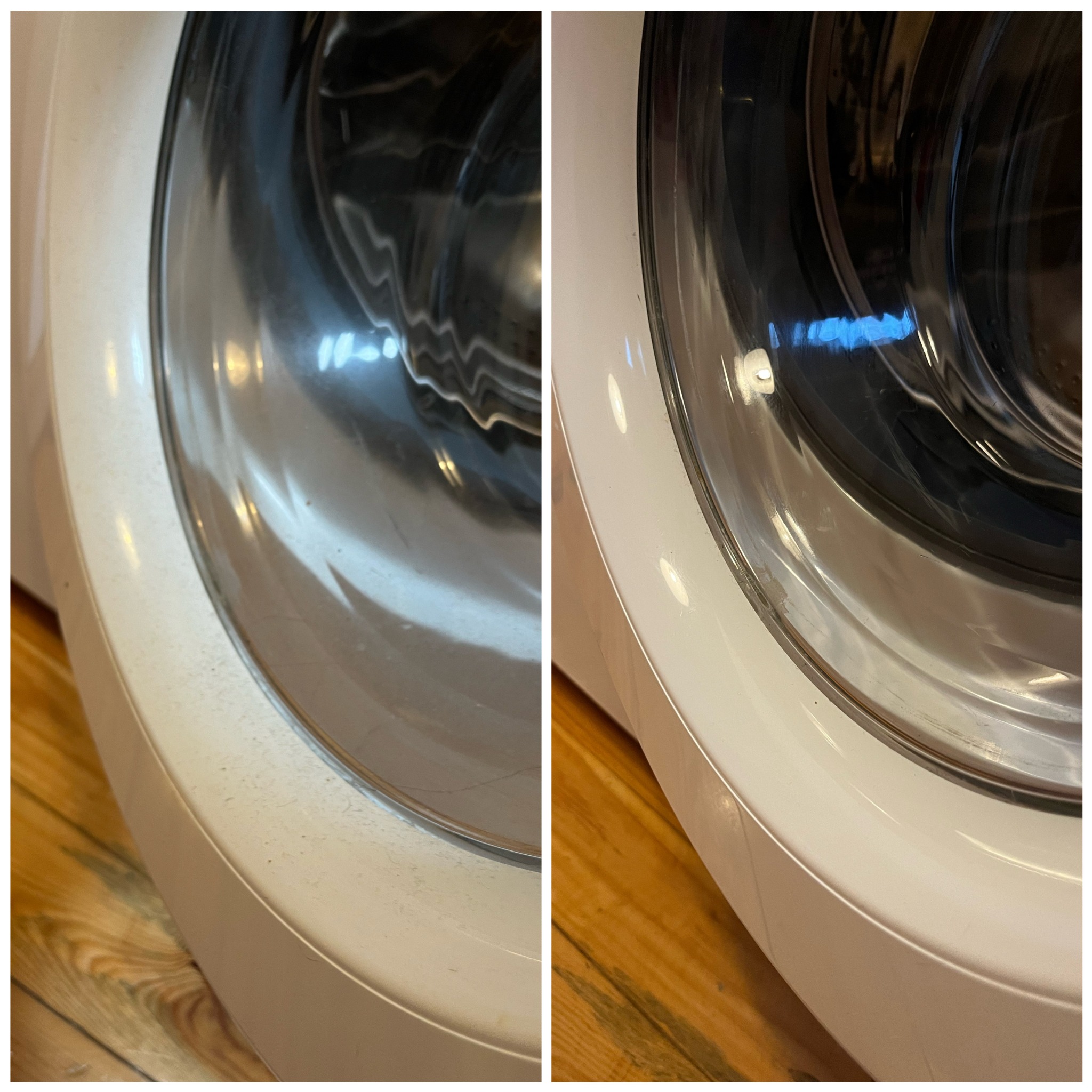 Porównanie przed i po czyszczenia drzwiczek pralki, widoczne usunięcie zabrudzeń i smug.
