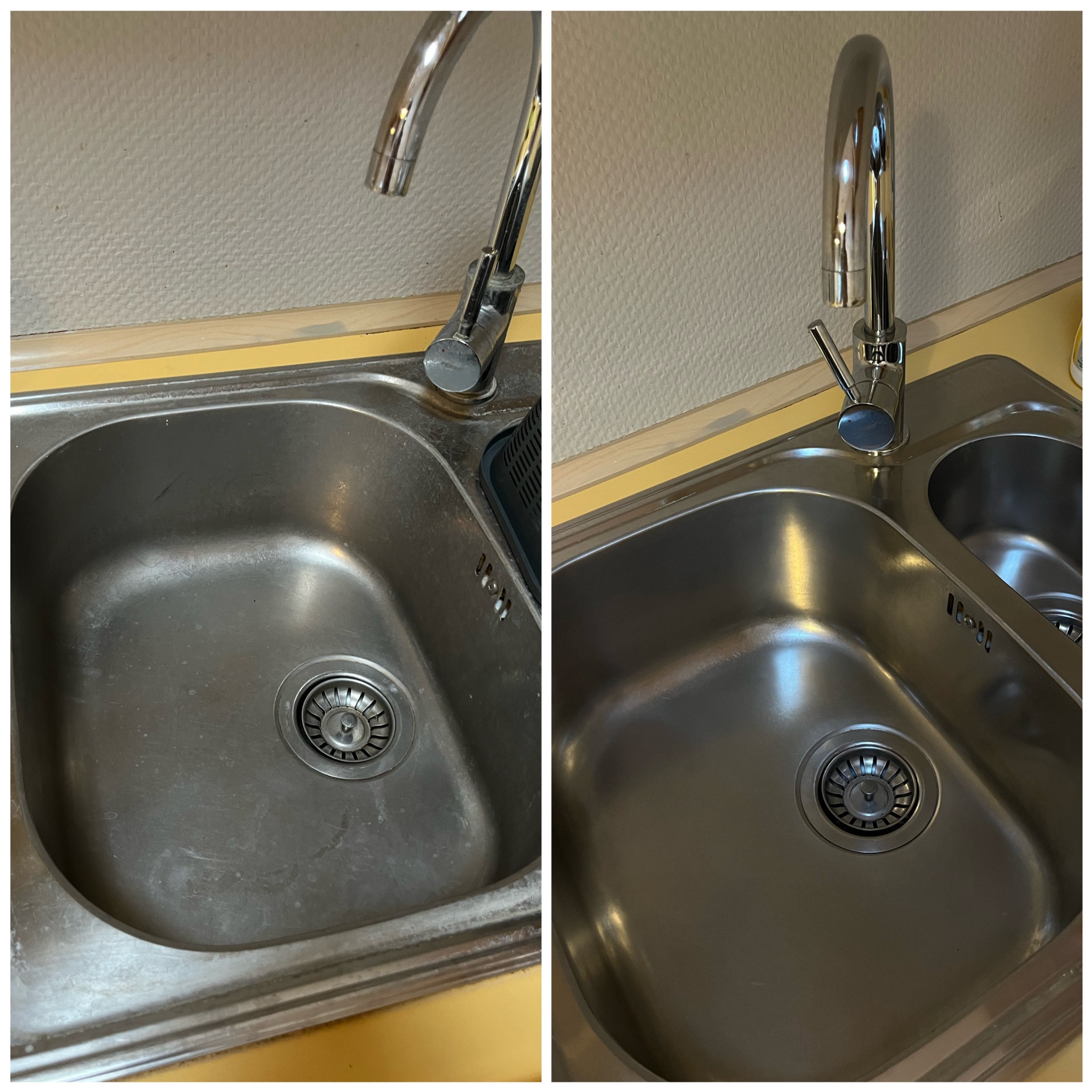 Porównanie zlewu kuchennego przed i po czyszczeniu w Poznaniu, ukazujące znaczną poprawę połysku i usunięcie zabrudzeń.