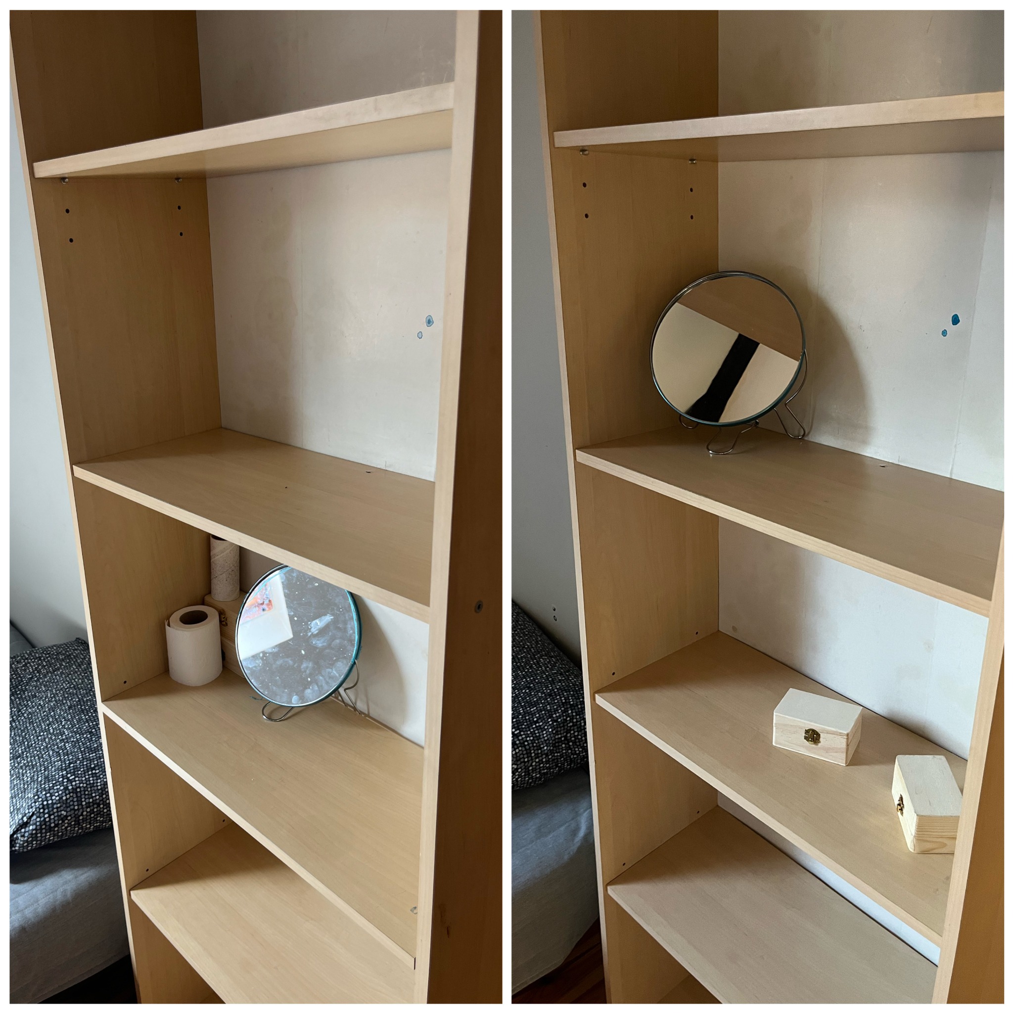 Półki regału przed i po opróżnianiu, widoczne drobne zabrudzenia i ślady po usuniętych przedmiotach.