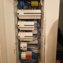 ELEKTRYCY TRÓJMIASTO SPÓŁKA Z OGRANICZONĄ ODPOWIEDZIALNOŚCIĄ - Rozdzielnica elektryczna Schneider w szarej obudowie, z widocznymi bezpiecznikami, przewodami w kolorach niebieskim, brązowym i żółto-zielonym, zamontowana w ścianie.