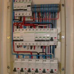 Rozdzielnica elektryczna z bezpiecznikami i przewodami w kolorach czerwonym, niebieskim i czarnym, zamontowana w plastikowej obudowie, widoczne oznaczenia producenta Schneider.