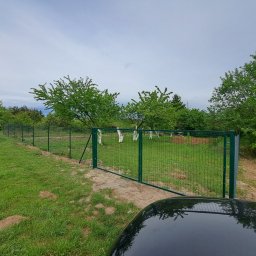 TOM-BRUK Tomasz Rogoziński usługi ogólnobudowlane - Zielona, metalowa siatka ogrodzeniowa z otwartą bramą na tle zielonego ogrodu z drzewami owocowymi, widok zza samochodu.