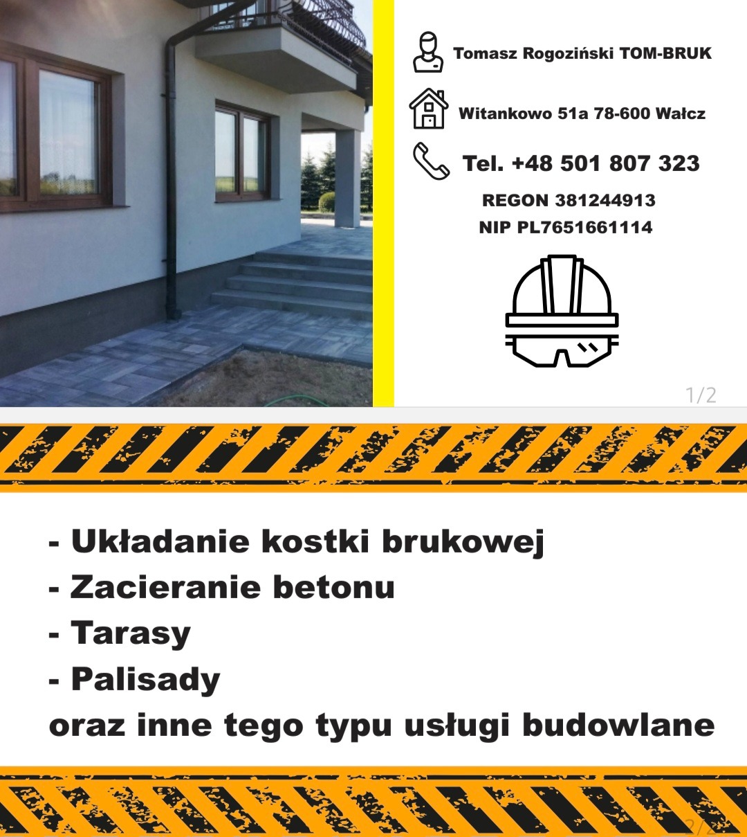 Zdjęcie prezentuje fragment domu z nowo ułożoną szarą kostką brukową prowadzącą do schodów wejściowych, z widocznym fragmentem niezabudowanej przestrzeni obok, całość w jasnym świetle dziennym,...