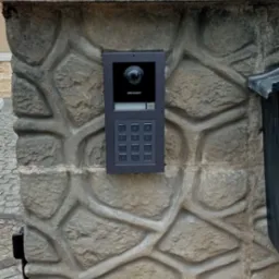 Szary panel domofonu Hikvision z kamerą i klawiaturą numeryczną, zamontowany na ozdobnym, betonowym słupku ogrodzeniowym.