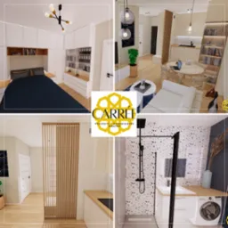 Kolaż wizualizacji wnętrz: sypialnia z zabudową meblową, salon z okrągłym stolikiem i sofą, kuchnia z drewnianą przesłoną i łazienka z kabiną prysznicową typu walk-in i pralką, w centrum logo firmy...