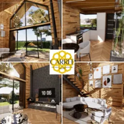 Kolaż czterech zdjęć prezentujących wnętrza domu z drewnianymi ścianami i podłogami: salon z dużym oknem, kominkiem i telewizorem; kuchnia z białymi szafkami; salon ze schodami i galerią obrazów...