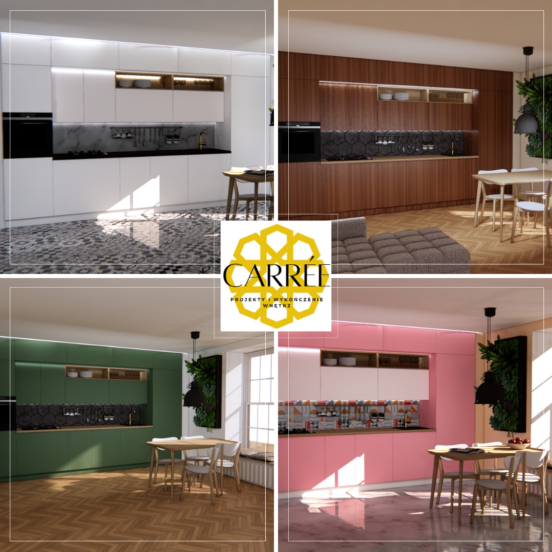 Kolaż wizualizacji czterech kuchni w różnych stylach: biała z wzorzystą podłogą, brązowa z drewnianymi frontami, zielona z żywą ścianą i różowa z geometrycznym backsplash'em.
