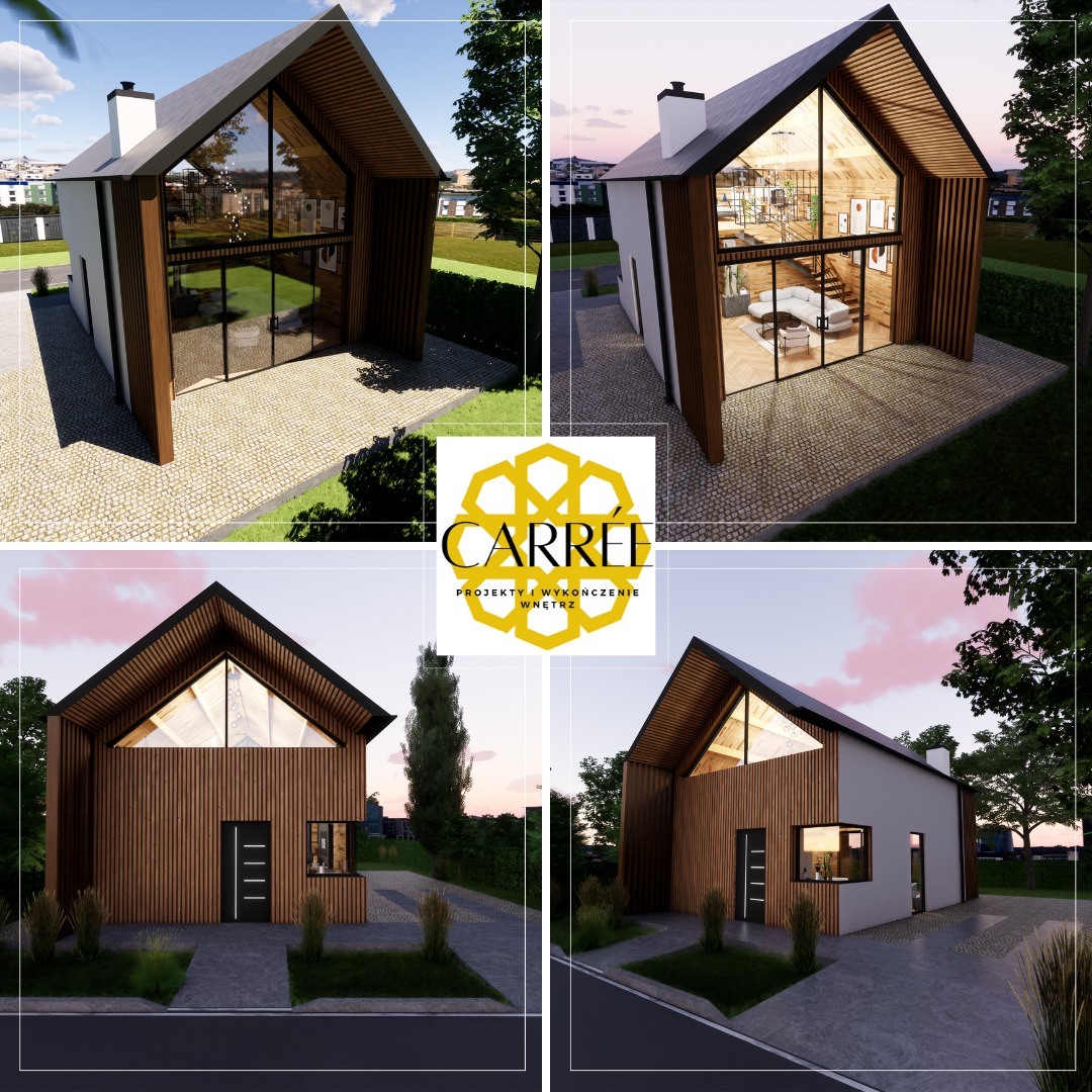 Wizualizacja zewnętrzna nowoczesnego domu jednorodzinnego z dużymi przeszkleniami i drewnianą elewacją, prezentowana w czterech różnych ujęciach, z logo firmy CARREE w centrum.