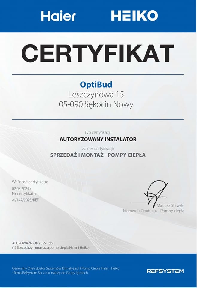 Certyfikat autoryzowanego instalatora pomp ciepła Haier i Heiko, wydany dla firmy OptiBud, z podpisem Mariusza Stawskiego, kierownika produktu - pompy ciepła.