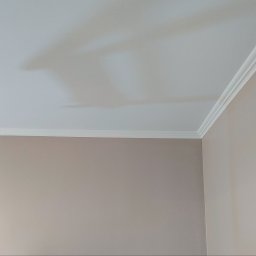 DANIEL - Pomieszczenie po remoncie: ściany pomalowane na beżowo, biały sufit z dekoracyjną listwą przysufitową, widoczny fragment niebieskiego zabezpieczenia.