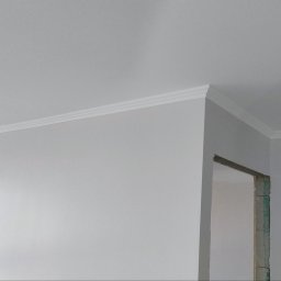 DANIEL - Wnętrze po remoncie: świeżo pomalowana ściana i sufit w odcieniach bieli, z widoczną dekoracyjną listwą przysufitową i surowym otworem drzwiowym w tle.