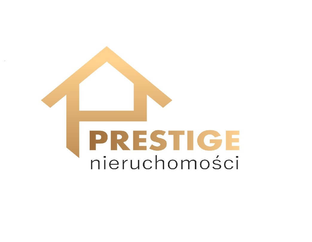Złote logo firmy Prestige Nieruchomości z symbolem domu, nazwa firmy w kolorze gradientu od ciemnego do jasnego złota.
