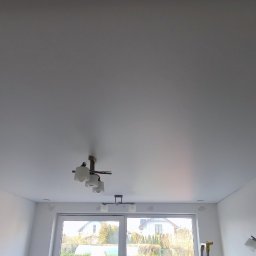 SaVo - Gładki, biały sufit po malowaniu, widoczne dwa rodzaje lamp sufitowych i fragment okna z widokiem na dom w tle.