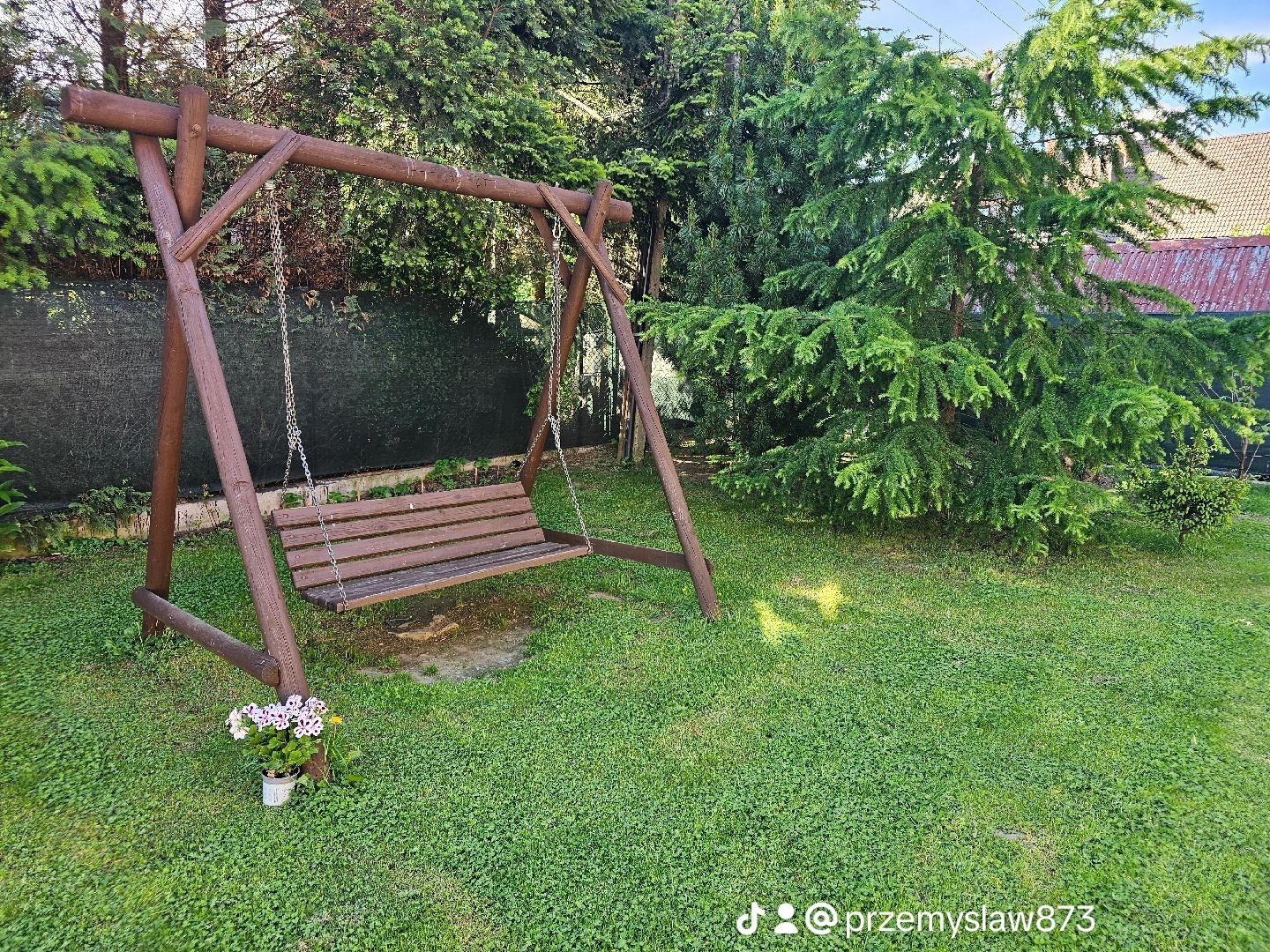 Drewniana huśtawka ogrodowa na łańcuchach, otoczona zielenią, z doniczką kwiatów u podstawy, w tle iglaste drzewo.