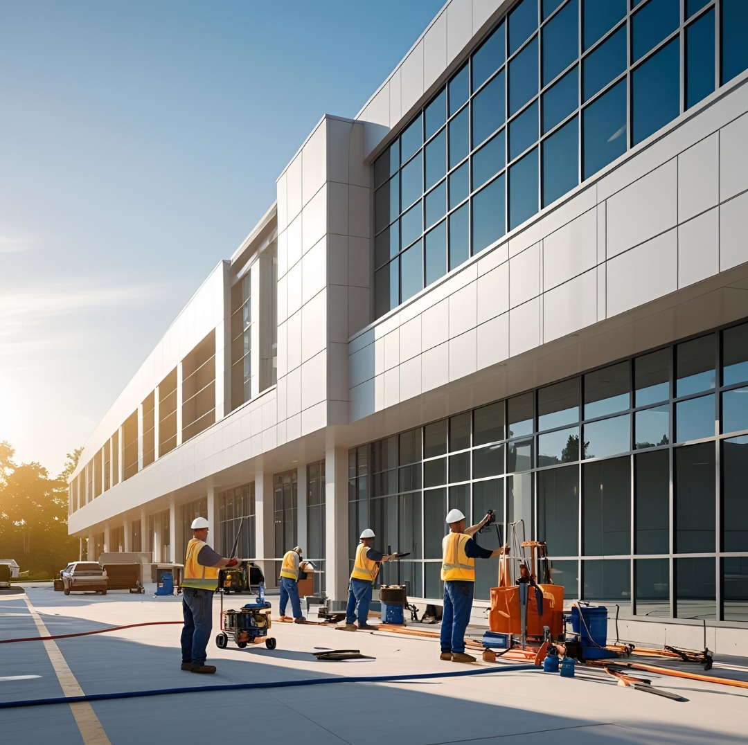 Pracownicy w kaskach i kamizelkach montują instalacje przy szklanej fasadzie budynku. Widoczne narzędzia, sprzęt i materiały instalacyjne. Słoneczny dzień.