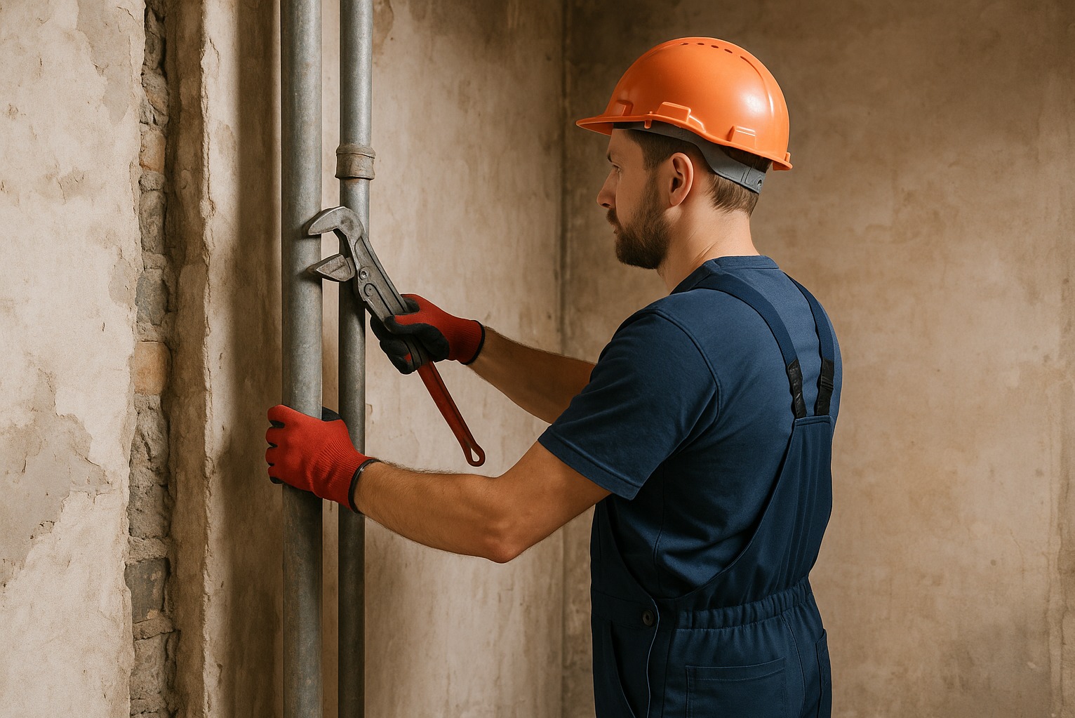 Hydraulik w kasku i kombinezonie, w rękawicach, używa klucza nastawnego do rur w surowym wnętrzu. Widoczne fragmenty ściany i pionowe rury.