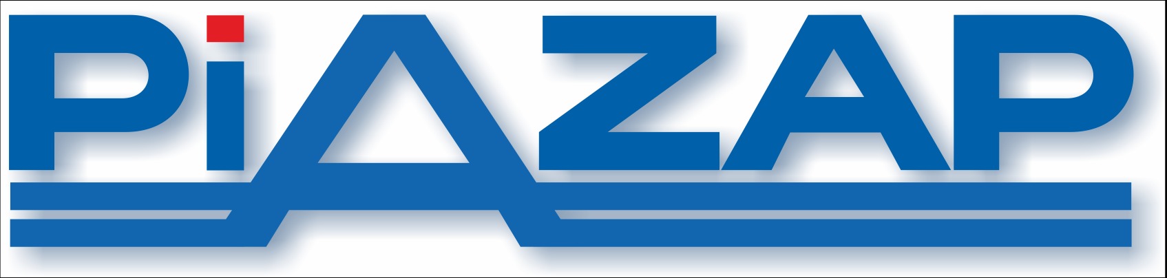 Niebieskie logo firmy PIAZAP z czerwonym kwadratem nad literą i, umieszczone na białym tle.