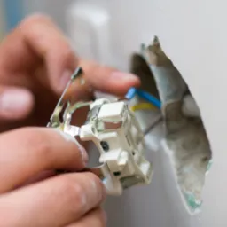 Montaż gniazdka elektrycznego w ścianie w Kazimierzówce, widoczne przewody i dłonie elektryka przykręcającego element.