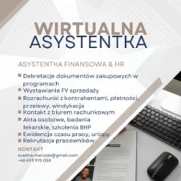 Grafika reklamowa wirtualnej asystentki finansowej i HR, z listą oferowanych usług, adresem e-mail i numerem telefonu, obok widoczna klawiatura i myszka komputerowa na białym tle.