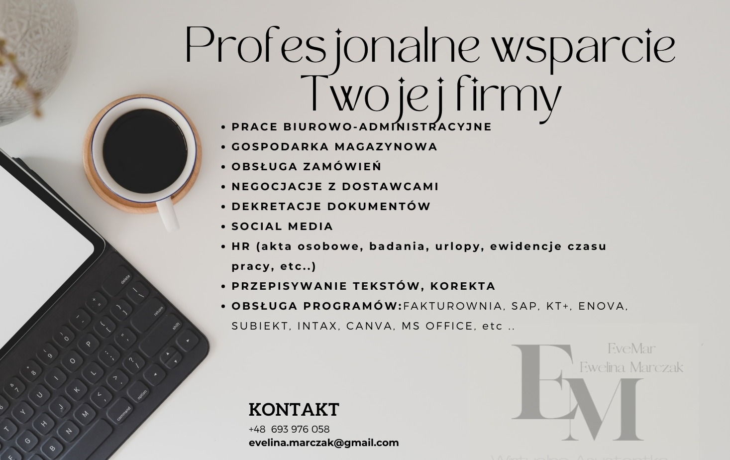 Profesjonalne wsparcie Twojej firmy: lista usług biurowych, administracyjnych, magazynowych, obsługi zamówień, negocjacji, dekretacji dokumentów, social media, HR, przepisywania tekstów, obsługi...