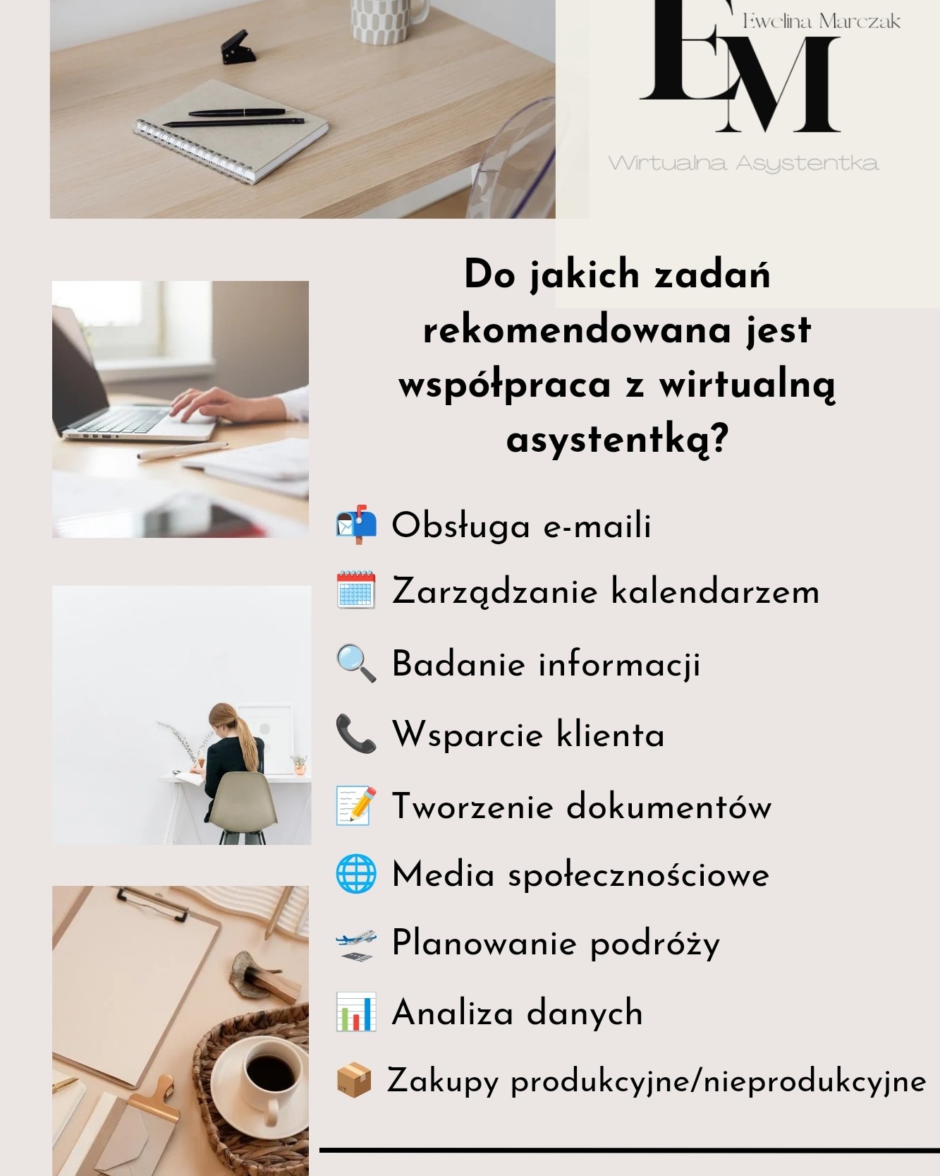 Kompozycja wizualna prezentująca usługi wirtualnej asystentki: biurko z notatnikiem i długopisem, osoba pracująca na laptopie, kobieta pisząca przy biurku, kawa na tacy oraz lista zadań obejmująca...