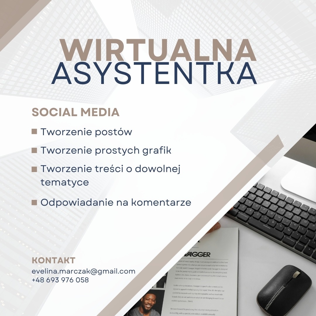 Grafika reklamowa wirtualnej asystentki oferującej usługi w mediach społecznościowych: tworzenie postów, grafik, treści i odpowiadanie na komentarze, z widocznym laptopem, myszką i magazynem.