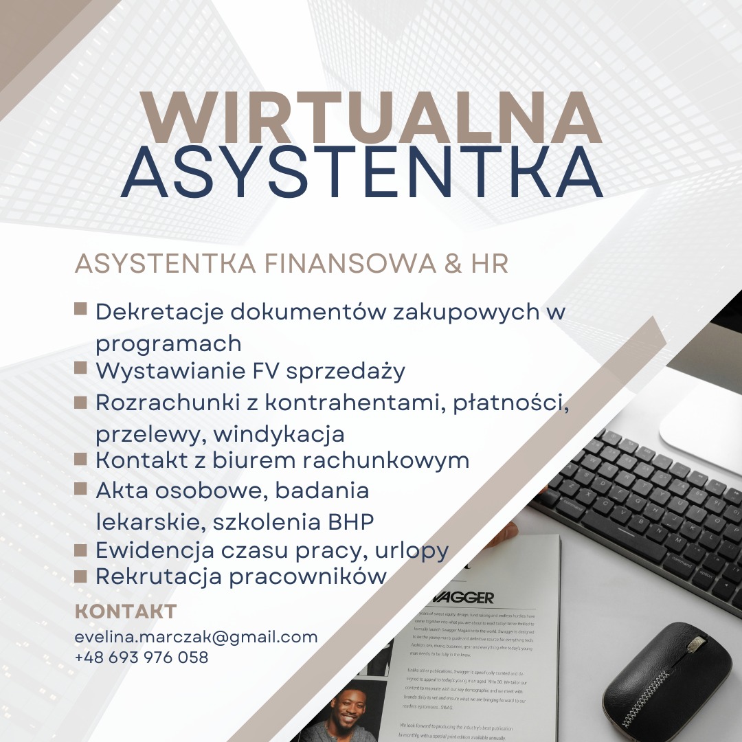Grafika reklamowa wirtualnej asystentki finansowej i HR, z listą oferowanych usług, adresem e-mail i numerem telefonu, obok widoczna klawiatura i myszka komputerowa na białym tle.
