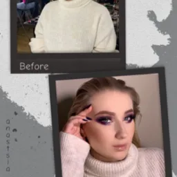 Zdjęcie 'przed' i 'po' prezentujące efektowny, fioletowy make-up oczu wykonany we Wrocławiu, z widoczną różnicą w wyglądzie modelki.