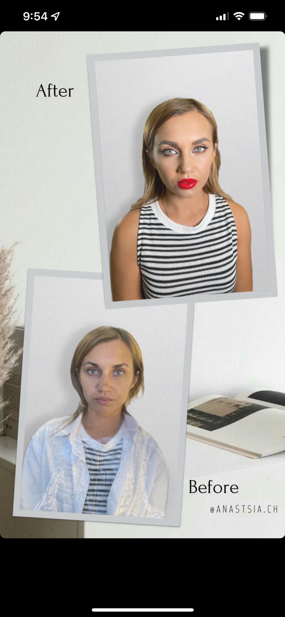 Kobieta przed i po aplikacji kosmetyków, intensywna czerwona szminka i podkreślone oczy, ujęcie w stylizowanych ramkach.