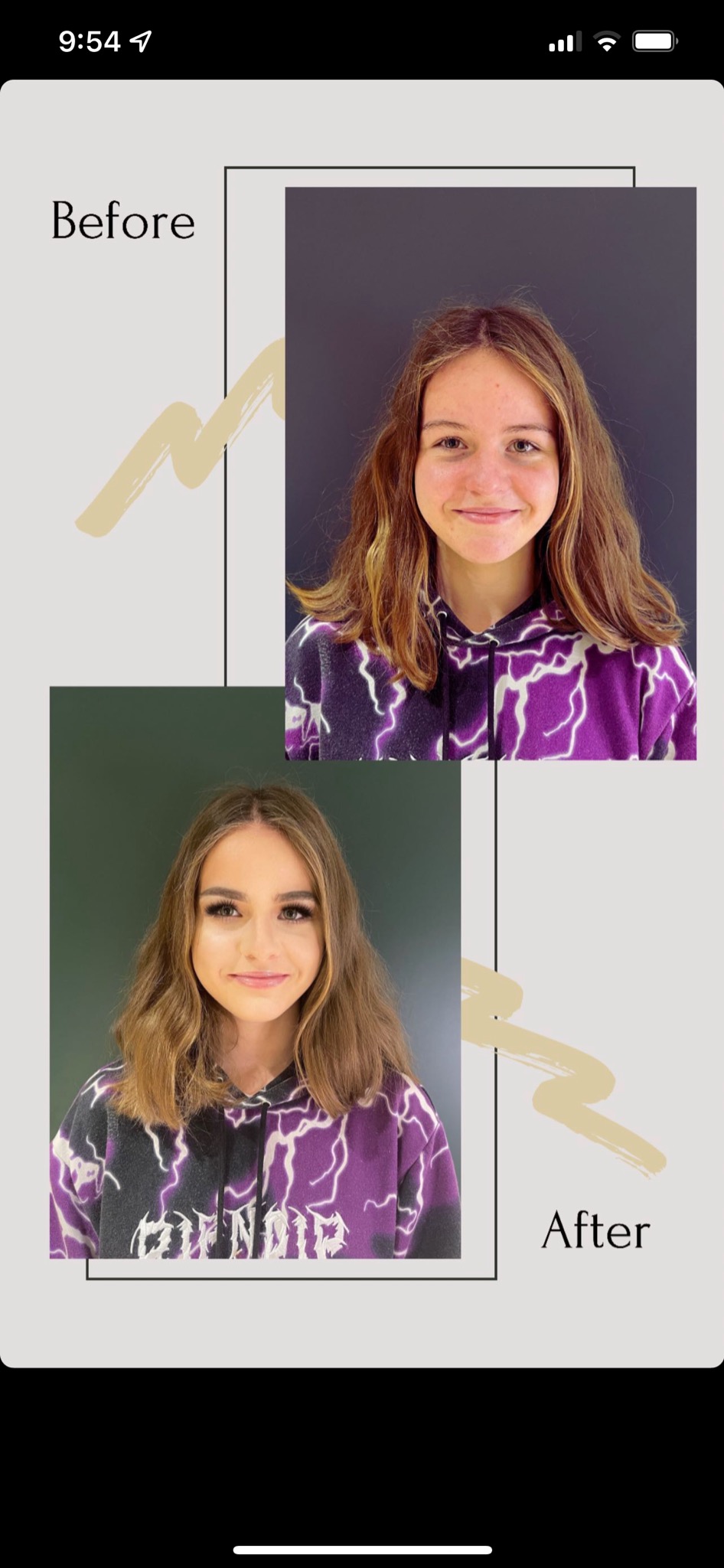 Porównanie wyglądu młodej kobiety przed i po aplikacji kosmetyków upiększających, uwydatnione rzęsy i delikatny kontur ust.