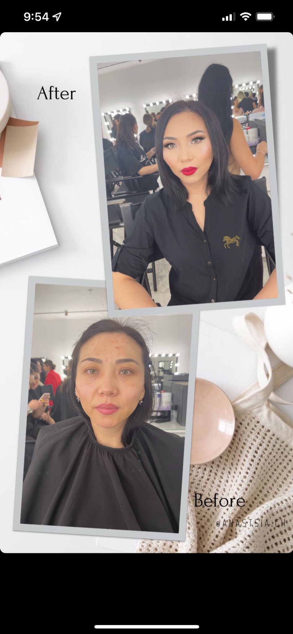 Kolaż 'przed i po' przedstawiający transformację kobiety z cerą bez makijażu do wyrazistego, profesjonalnego make-upu z czerwoną szminką, wykonany w studio wizażu.