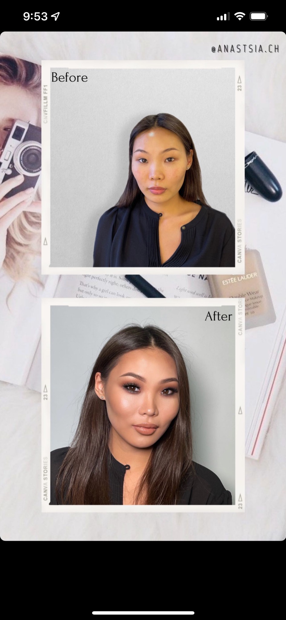 Portret kobiety przed i po aplikacji kosmetyków kolorowych; widoczna różnica w wyglądzie cery, podkreślone oczy i usta. Ujęcie w neutralnej tonacji, z elementami kosmetyków i książki w tle.