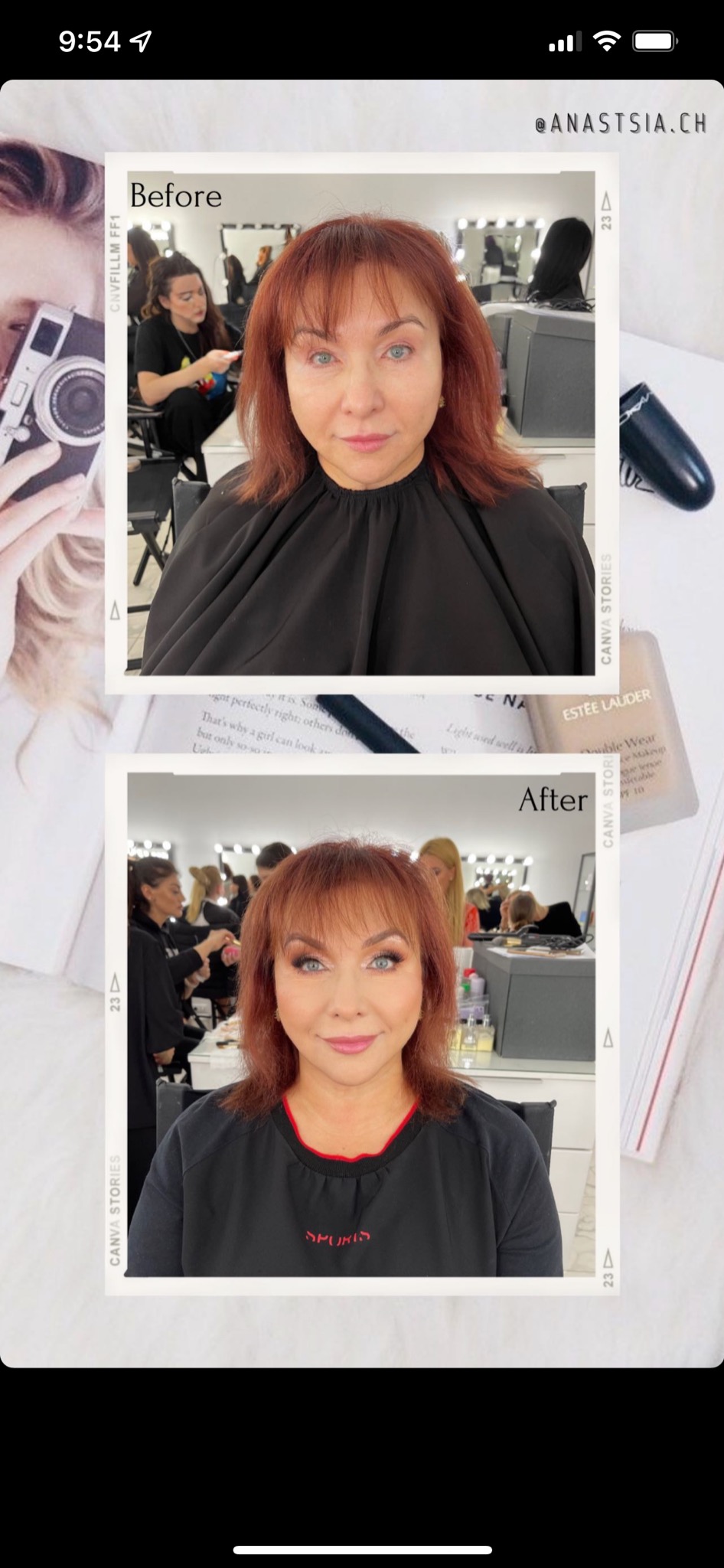 Kobieta z rudymi włosami przed i po makijażu. Na górnym zdjęciu widać cerę bez makijażu i delikatne brwi, a na dolnym zdjęciu widoczny jest pełny makijaż z podkreślonymi oczami i ustami.