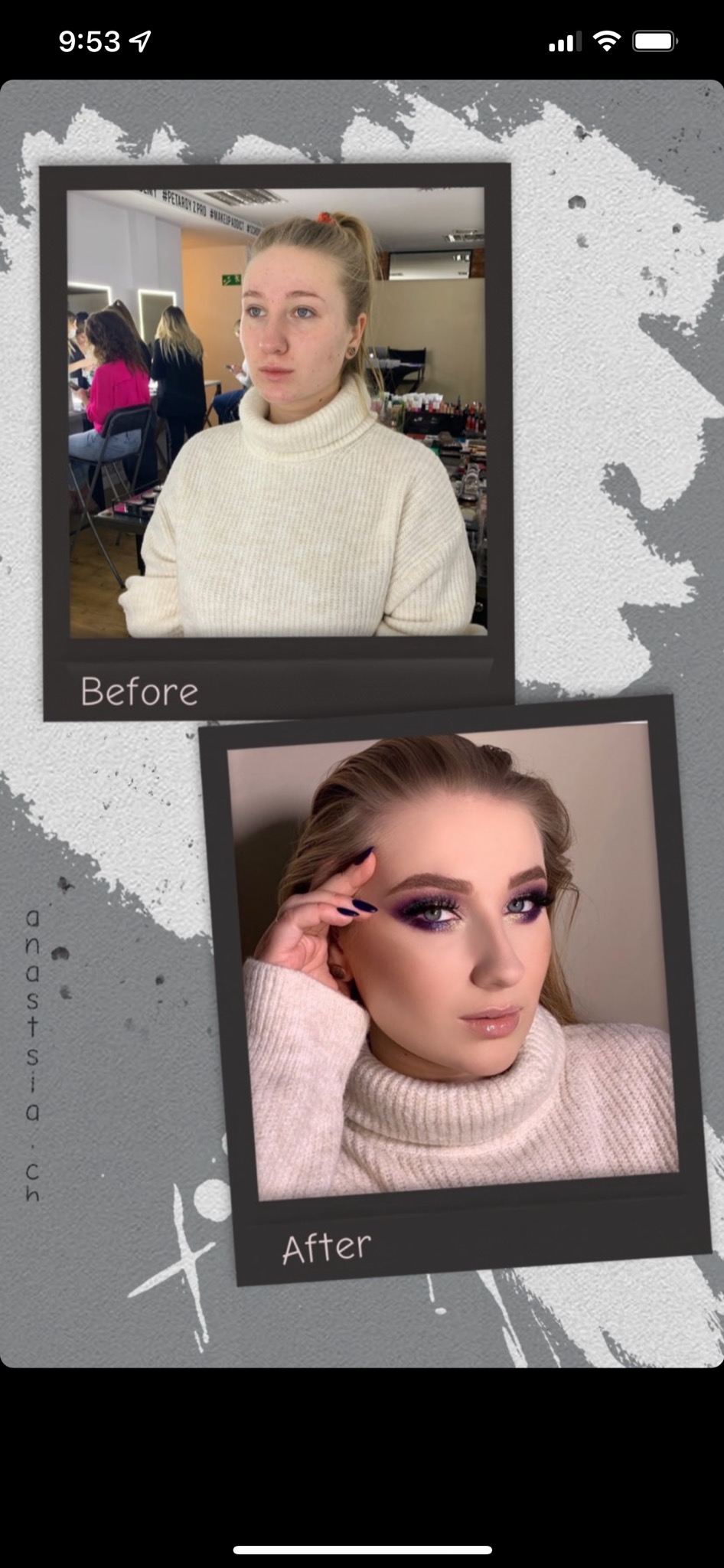 Zdjęcie 'przed' i 'po' prezentujące efektowny, fioletowy make-up oczu wykonany we Wrocławiu, z widoczną różnicą w wyglądzie modelki.