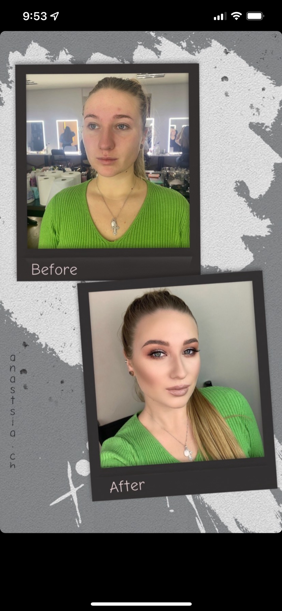 Porównanie przed i po: kobieta z naturalną cerą i po wykonaniu profesjonalnego make-upu, z widocznym konturowaniem, podkreślonymi oczami i ustami w odcieniu nude, włosy upięte w kucyk.