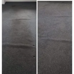 Por&oacute;wnanie stanu dywanu przed i po czyszczeniu: po lewej widoczne plamy i zabrudzenia, po prawej czysty, jednolity kolor. Widoczna r&oacute;żnica w fakturze i odcieniu szarości.