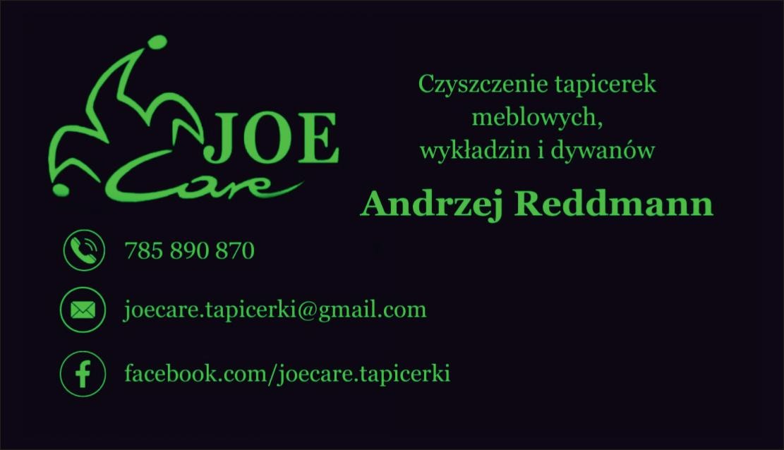 Wizytówka firmy Joe Care oferującej czyszczenie tapicerek meblowych, wykładzin i dywanów, z numerem telefonu i adresem email oraz linkiem do Facebooka.
