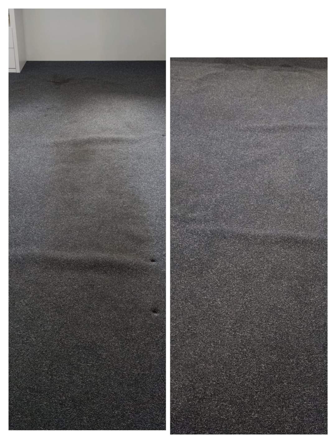 Porównanie stanu dywanu przed i po czyszczeniu: po lewej widoczne plamy i zabrudzenia, po prawej czysty, jednolity kolor. Widoczna różnica w fakturze i odcieniu szarości.